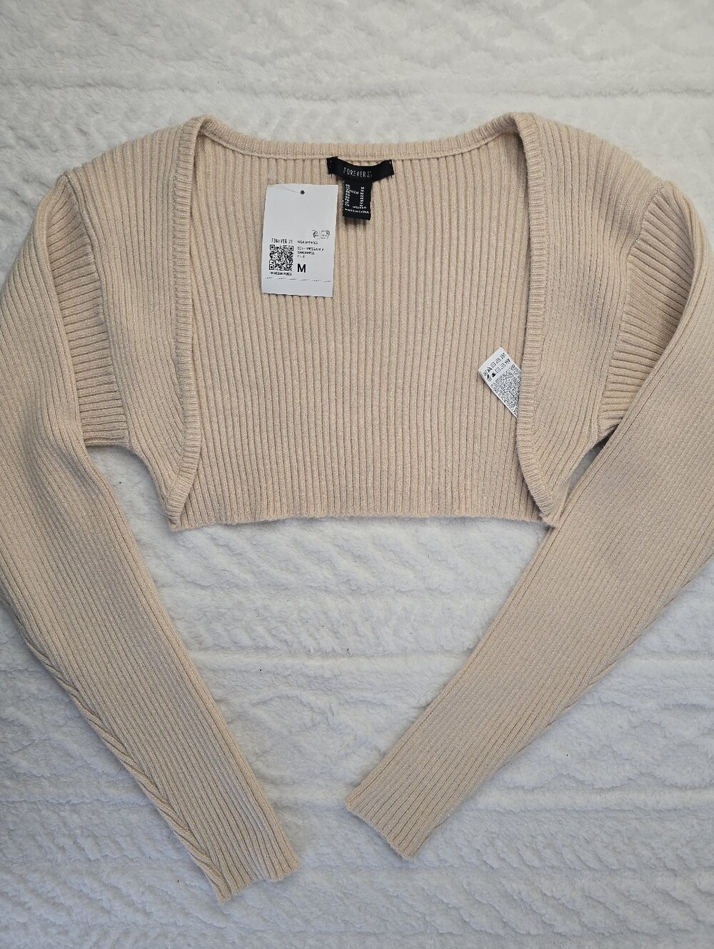 NWT Forever 21 Cropped Shrug Sweater Beige Ribbed Knit Y2K Balletcore Bolero M